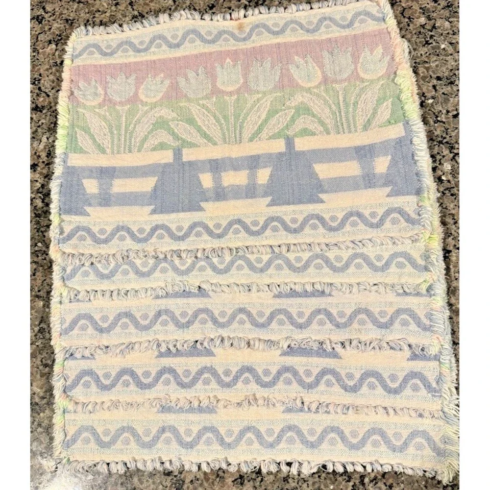 Vintage Woven Tapestry Placemats Set of 6 Floral Tulip Geometric Folk Art 1980s